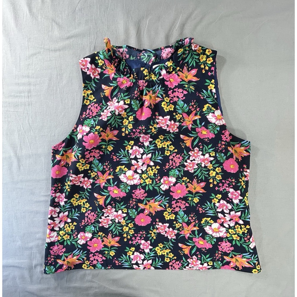 J.Crew Printed Ruffleneck Top Navy Blue Vibrant Floral Ruffle Neck Women's XL